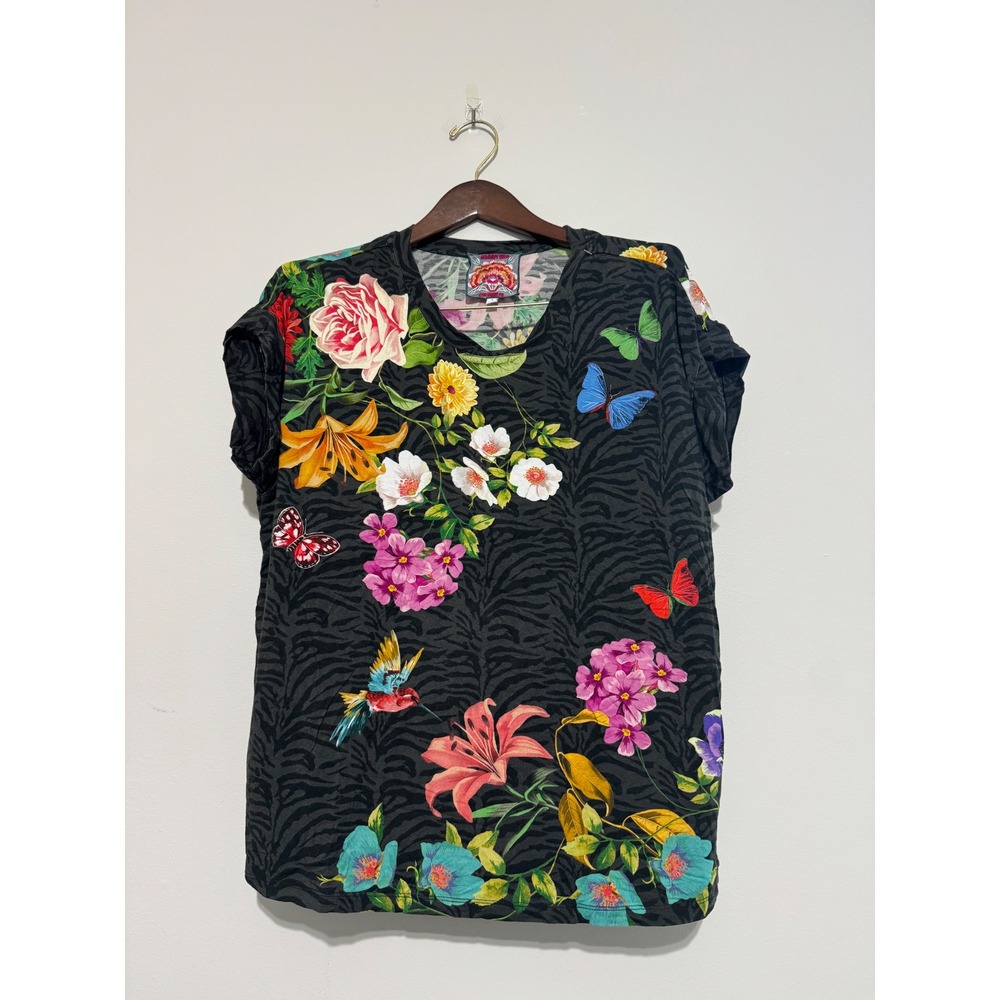 Johnny Was  Blooming Breeze Floral Butterfly Tiger Stripe Graphic Tee  Large